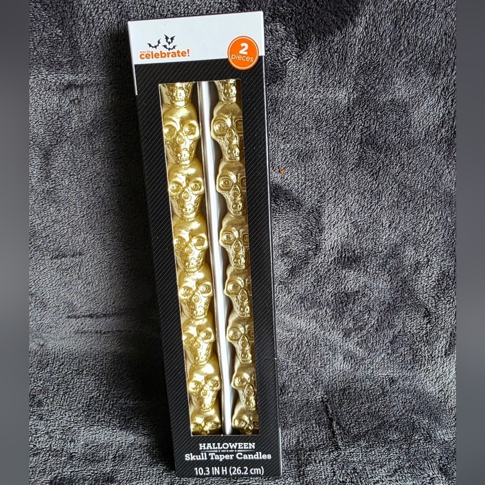 New set of Halloween Skull stacked Taper Candles gold gothic design, 10.5 in